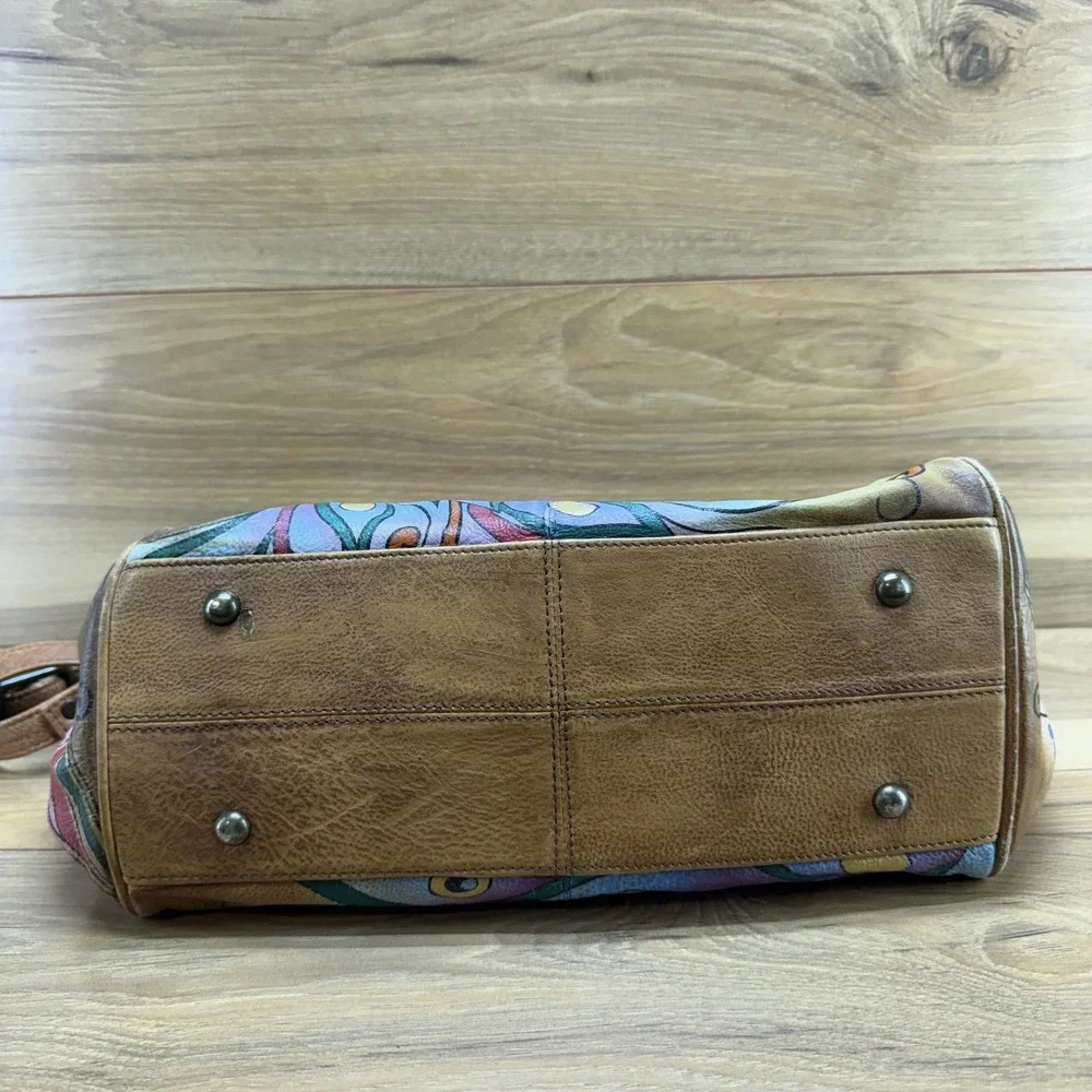 Anuschka Peacock Pattern Large Leather Satchel Hand Painted Zip Crossbody